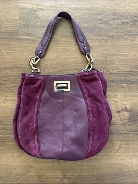 b. makowsky Burgundy Leather & Suede Shoulder Bag with Gold Hardware